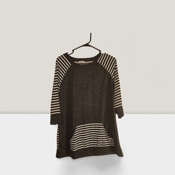 Umgee Striped Tunic Top Raglan Sleeve Grey/White L Large - Picture 1 of 3
